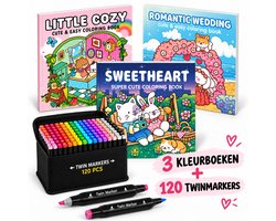 Twinmarkers - 120 STUKS - Alcohol markers - Dubbelzijdige Stiften - Markeerstiften - INC KLEURBOEKJES - Combi deal - Cozy Coloring Book - Fuzzy Hygge - alcoholstiften - Kleuren voor kinderen en volwassenen - Hobby & Professionele Set