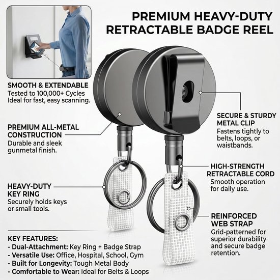 Duurzame metalen retractable badge reel voor ID-kaarthouder met roestvrijstalen veer, nylon koord en stevige clip, 2 stuks — afbeelding 4