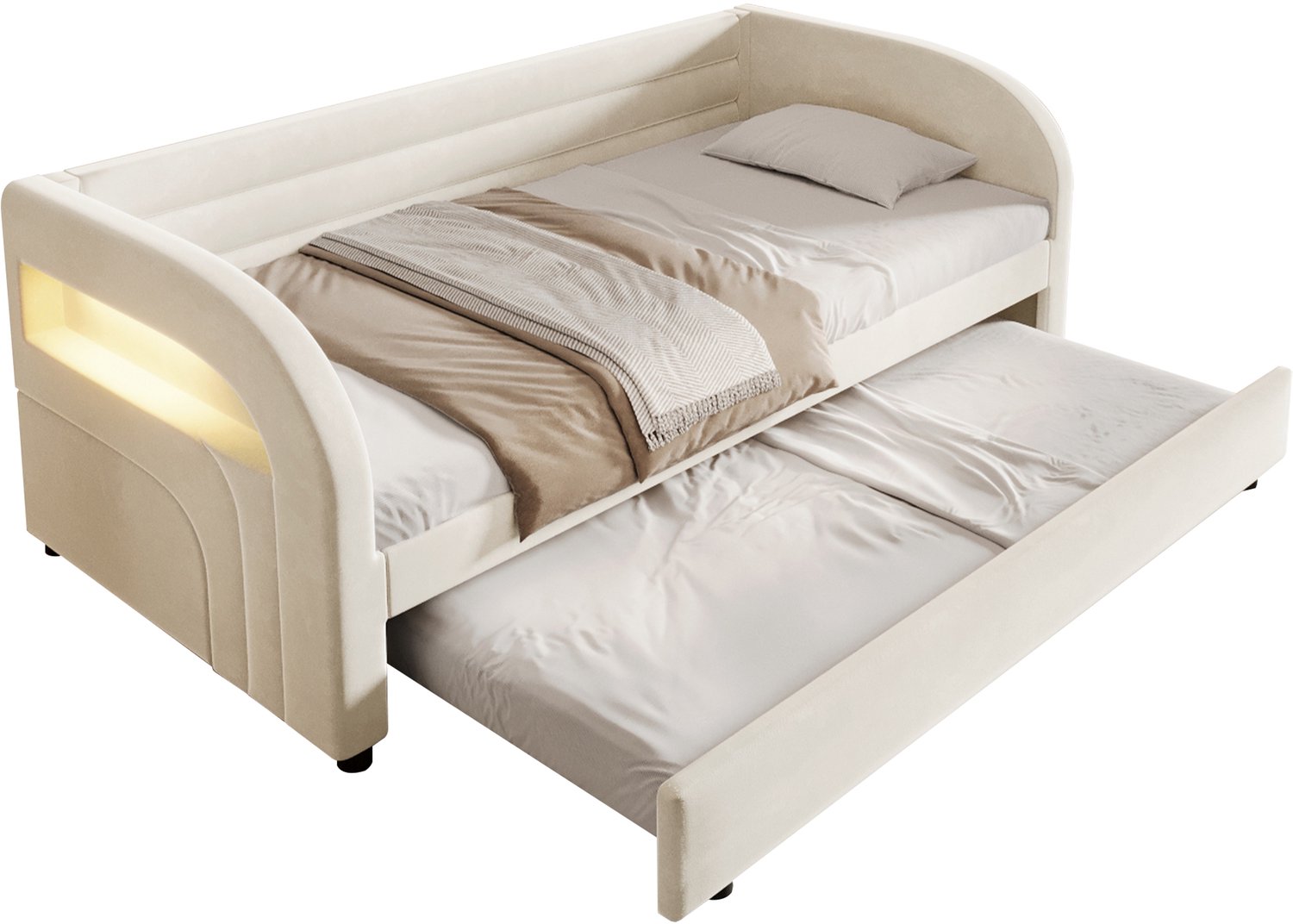MUVANO Gestoffeerd bed 90x200 - uitschuifbed - geïntegreerde ledverlichting - beige - 211 x 100 x 73 cm - voor kinder- jeugd- en logeerkamer