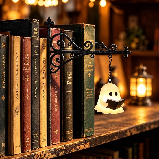 Boekensteun met sierlijk smeedijzeren arm en hangend spooklampje dat een boek vasthoudt, naast een stapel boeken.