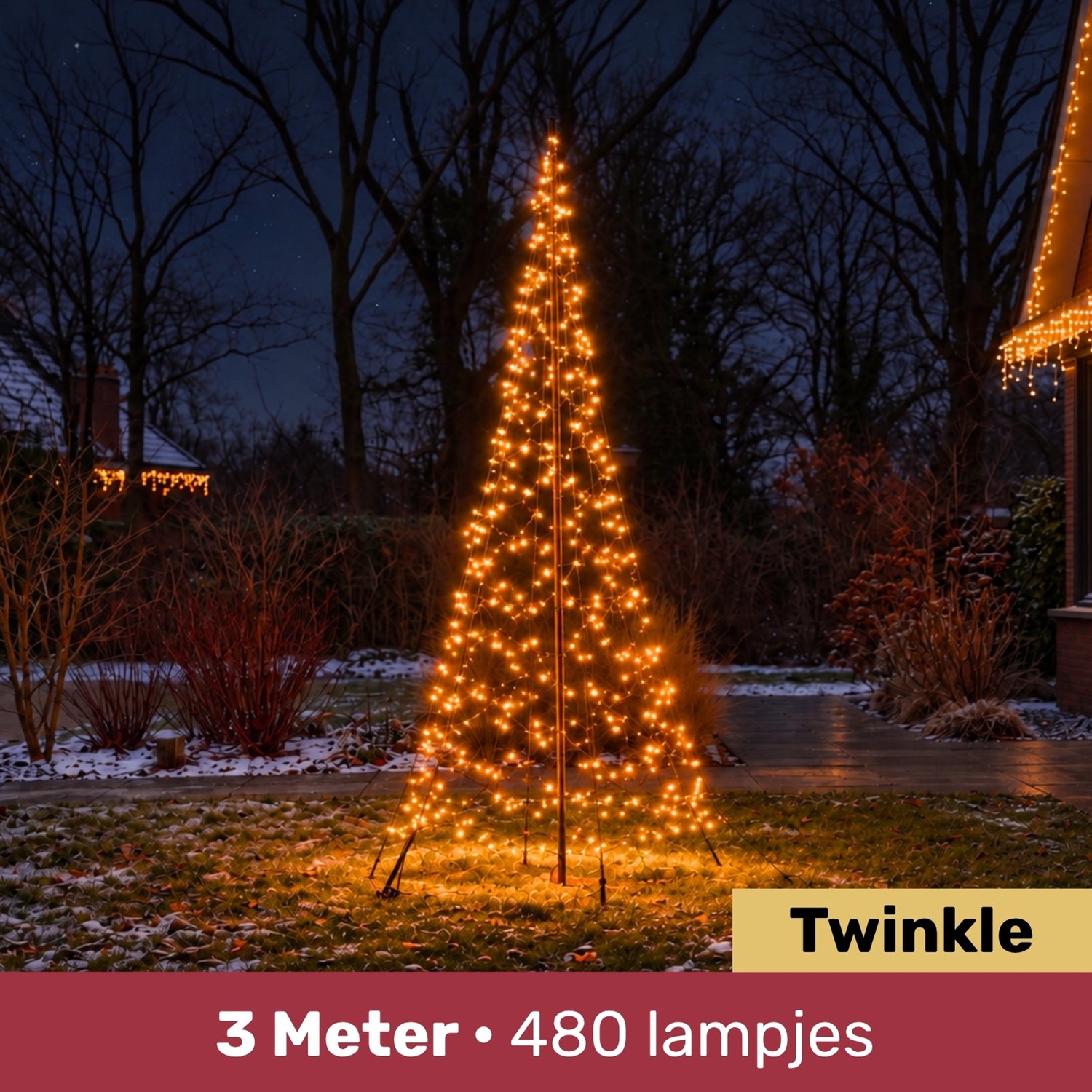 Blynx LED Kerstboom Buiten - 3 Meter - 480 Warm Witte LED Lampjes - Twinkle Effect - Vlaggenmast Kerstboom - Inclusief Mast en Adapter - Met Timer - IP44