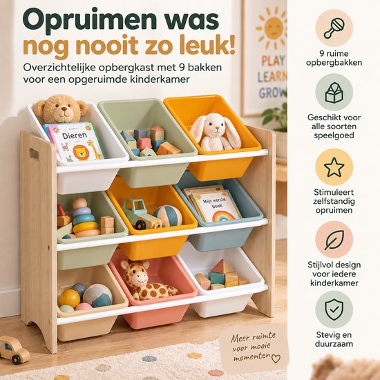 Speelgoed Opbergkast met 9 Uitneembare Bakken – Kinderkamer Opbergmeubel – Speelgoedkast & Organizer – 66 x 29,5 x 60 cm — afbeelding 3