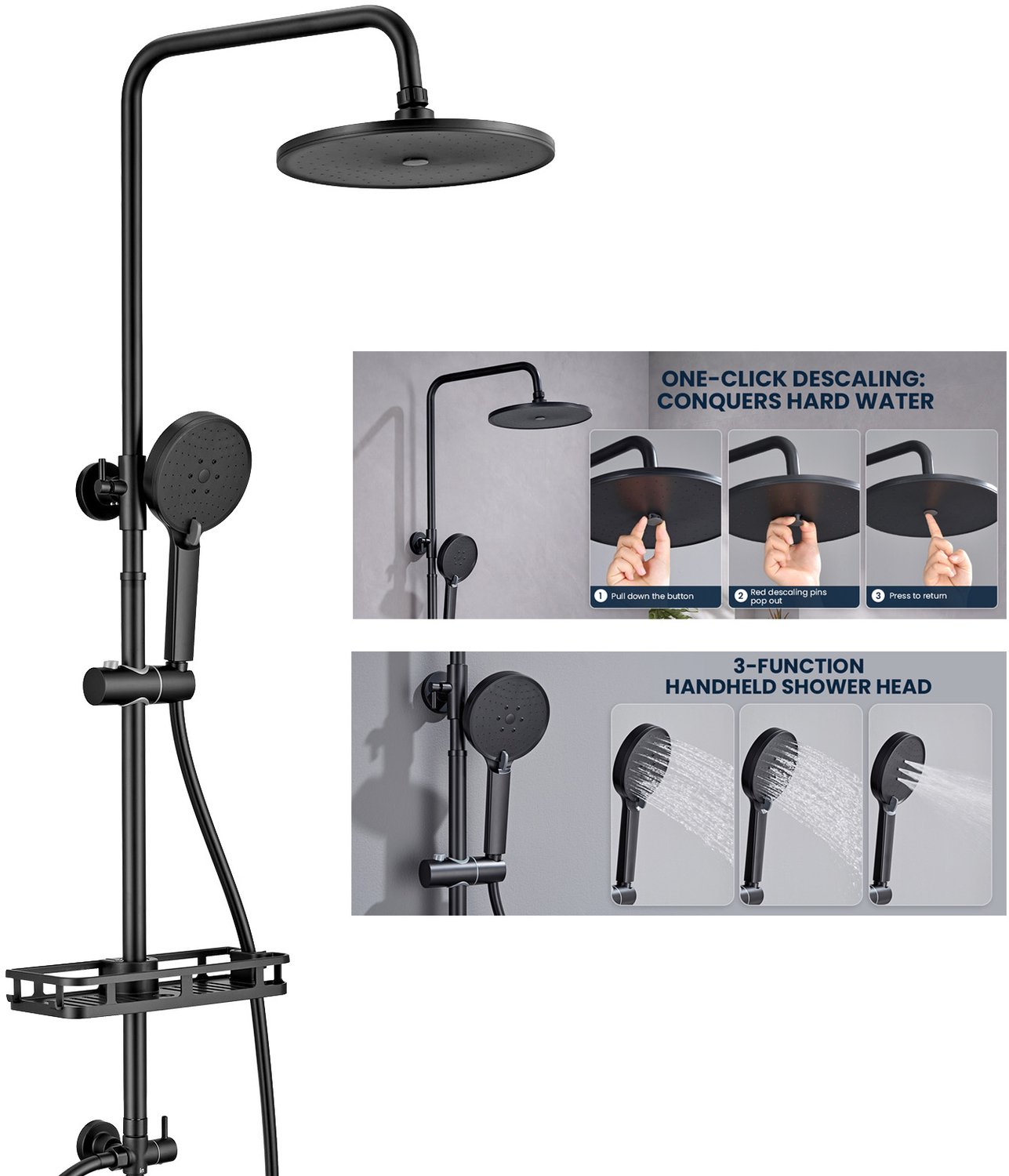 Auralum Max Messing Douchesysteem Met Omstelling - 10 Inch Regendouche - Inclusief Planchet Doucheset - met Self-Cleaning Douchekop & Handdouche - Verstelbare Hoogte 72-110 cm - Waterbesparend - Zwart