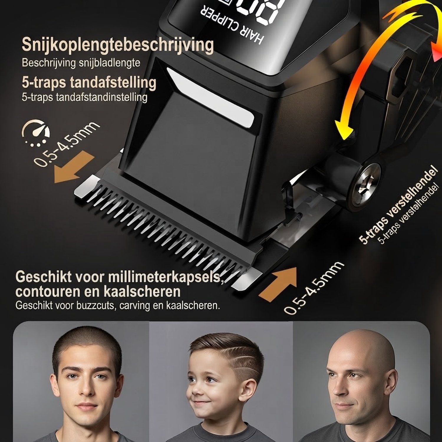 ECTEATOY® Tondeuse mannen - 3‑standen snelheid met LED-display - Verstelbare snijlengte - 8 opzetkammen - USB-opladen - Verschillende kapsels- Bruin