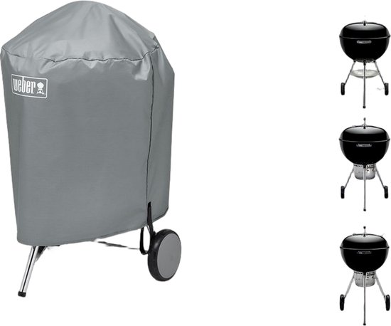 Grijze Weber barbecuehoes, met drie zwarte 57 cm houtskoolbarbecues ernaast.
