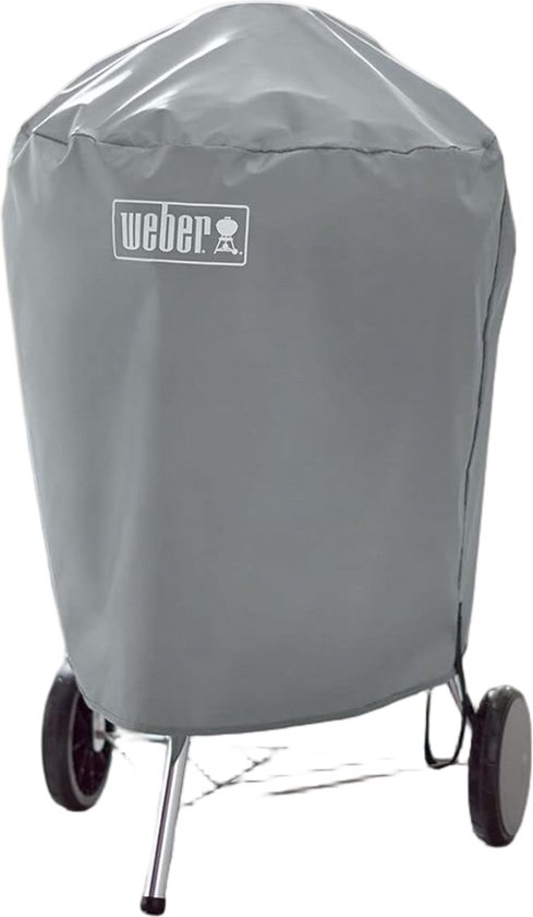 Grijze Weber barbecuehoes met wielen en handvatten.