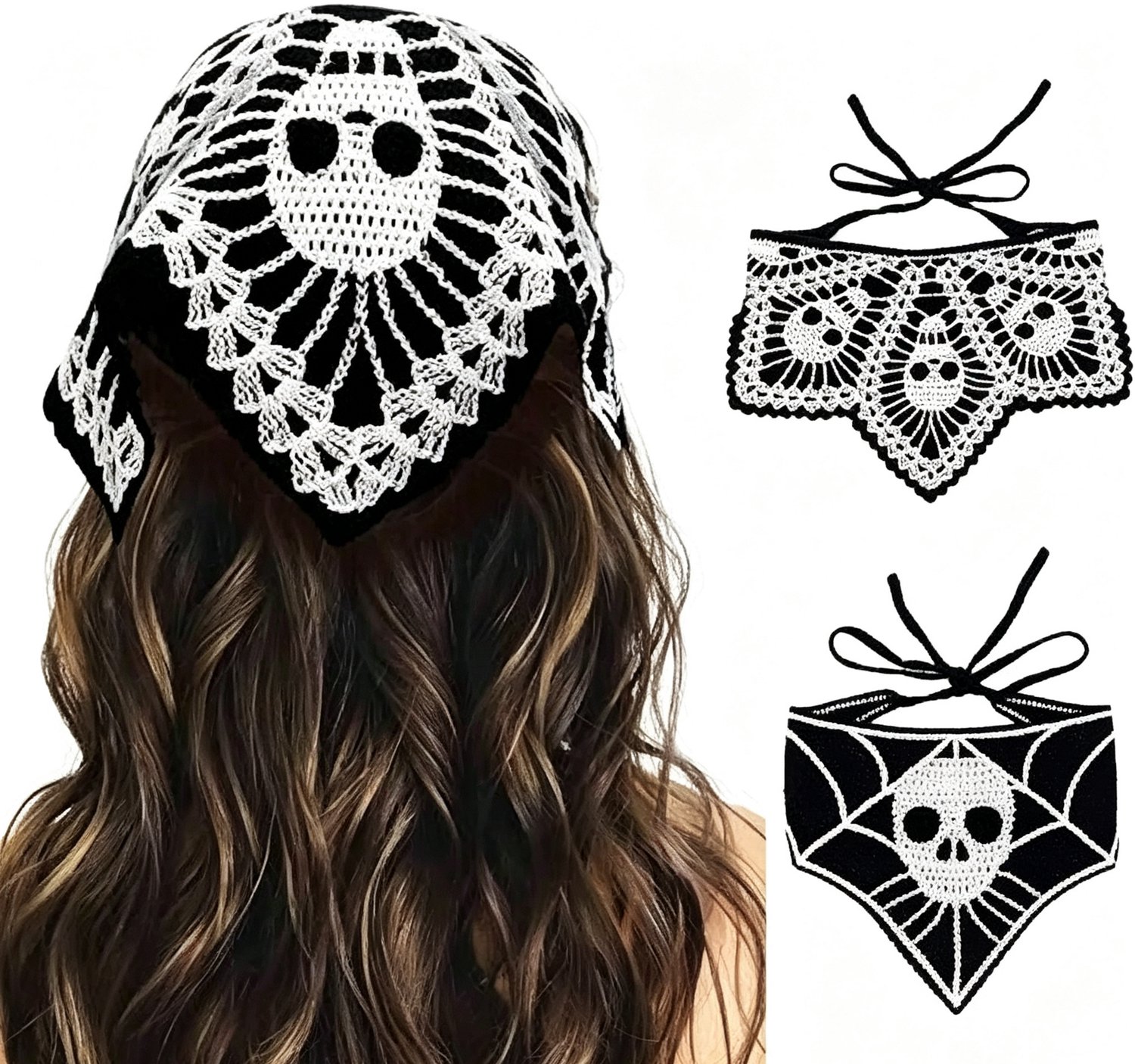 2 stuks gothic Halloween hoofddoek bandana voor dames - zwarte gebreide haarband met schedel‑ en spinnewebmotief - feestelijke haaraccessoires