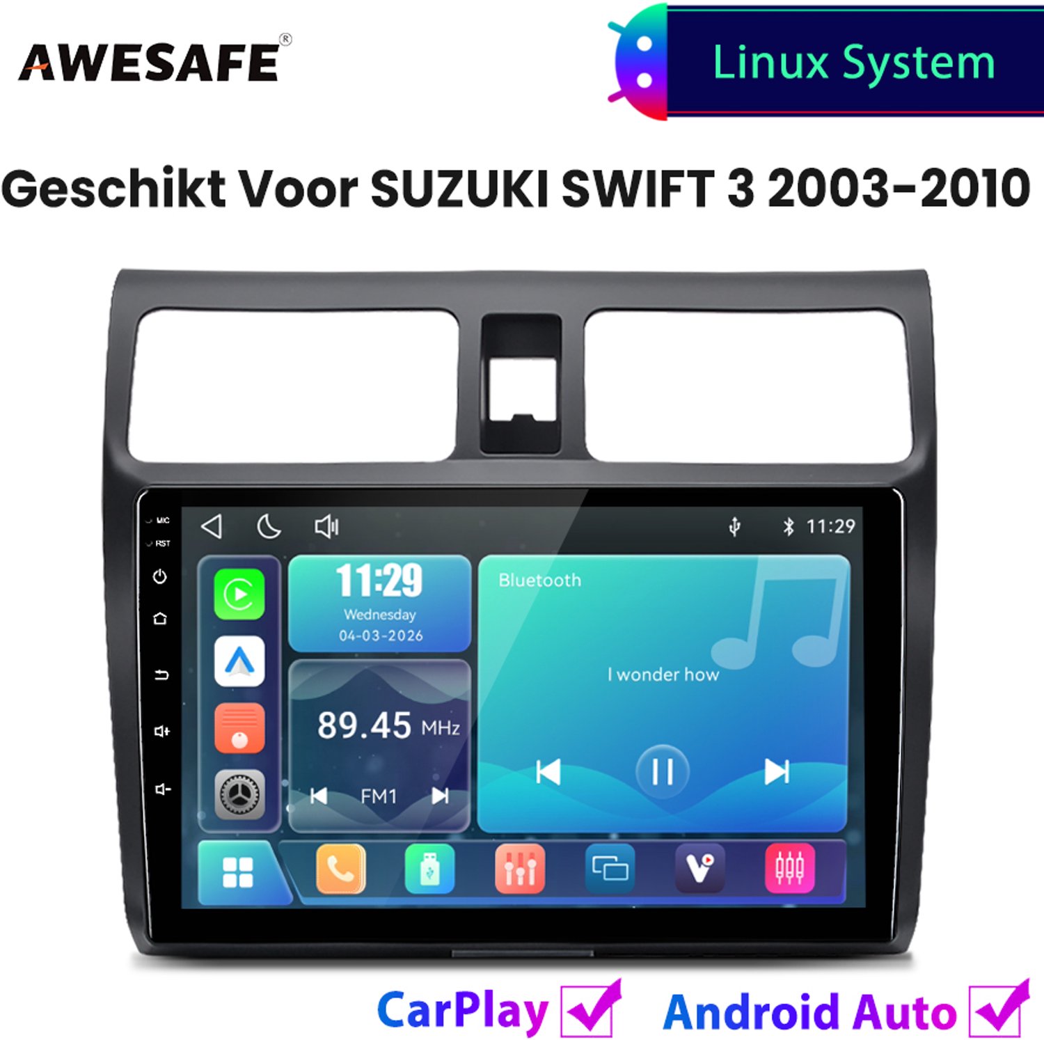 Awesafe Autoradio - Geschikt Voor SUZUKI SWIFT 3 2003 t/m 2010 - Draadloos Apple Carplay Android Auto - Linux systeem - 10 Inch Touchscreen - Bluetooth Wifi - 2003 2004 2005 2006 2007 2008 2009 2010