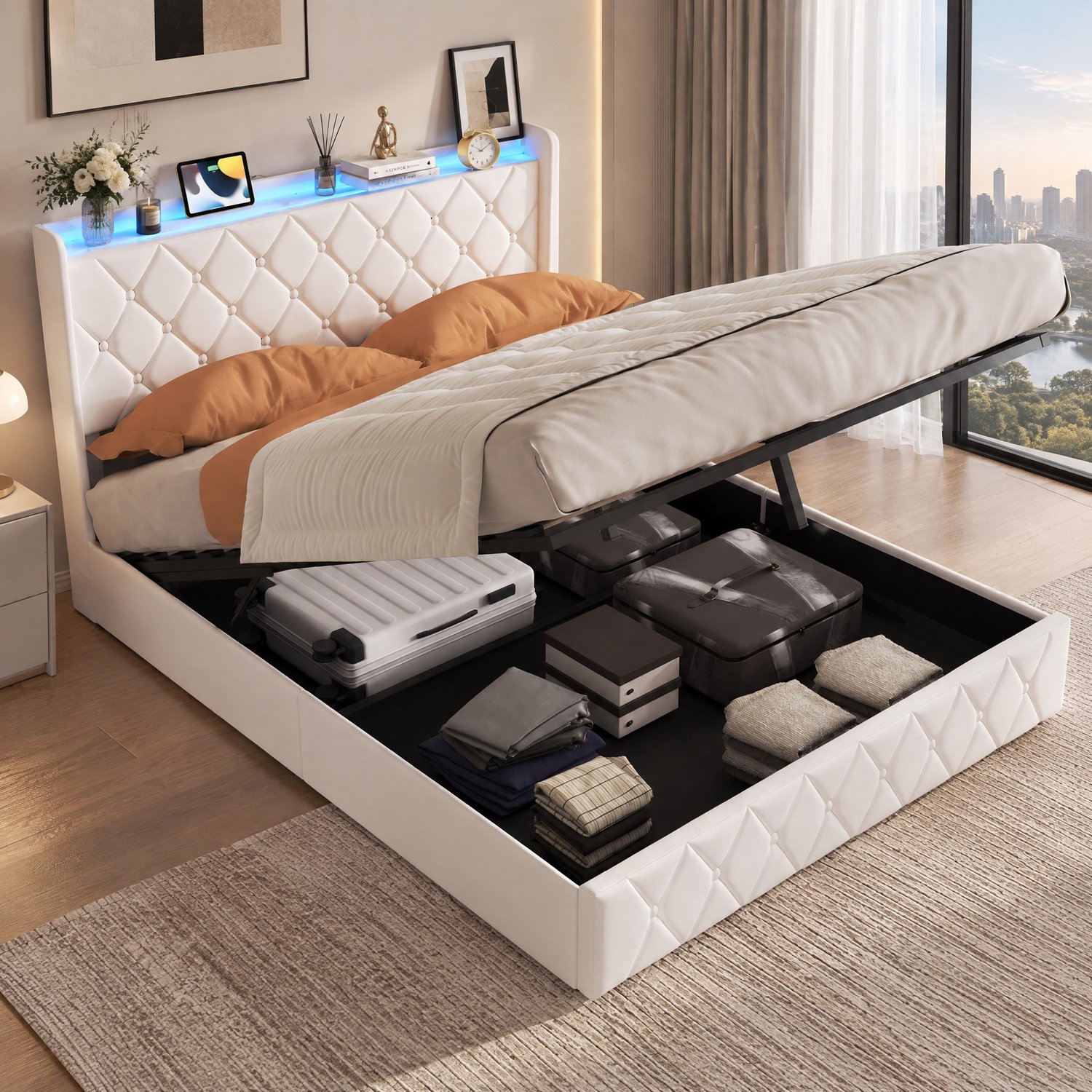 Opbergbed 160x200 cm met lattenbodem, led- en usb-aansluiting, Tweepersoonsbed 160x200 met opbergruimte, Gestoffeerd bedframe met hoofdbord, fluweel Beige