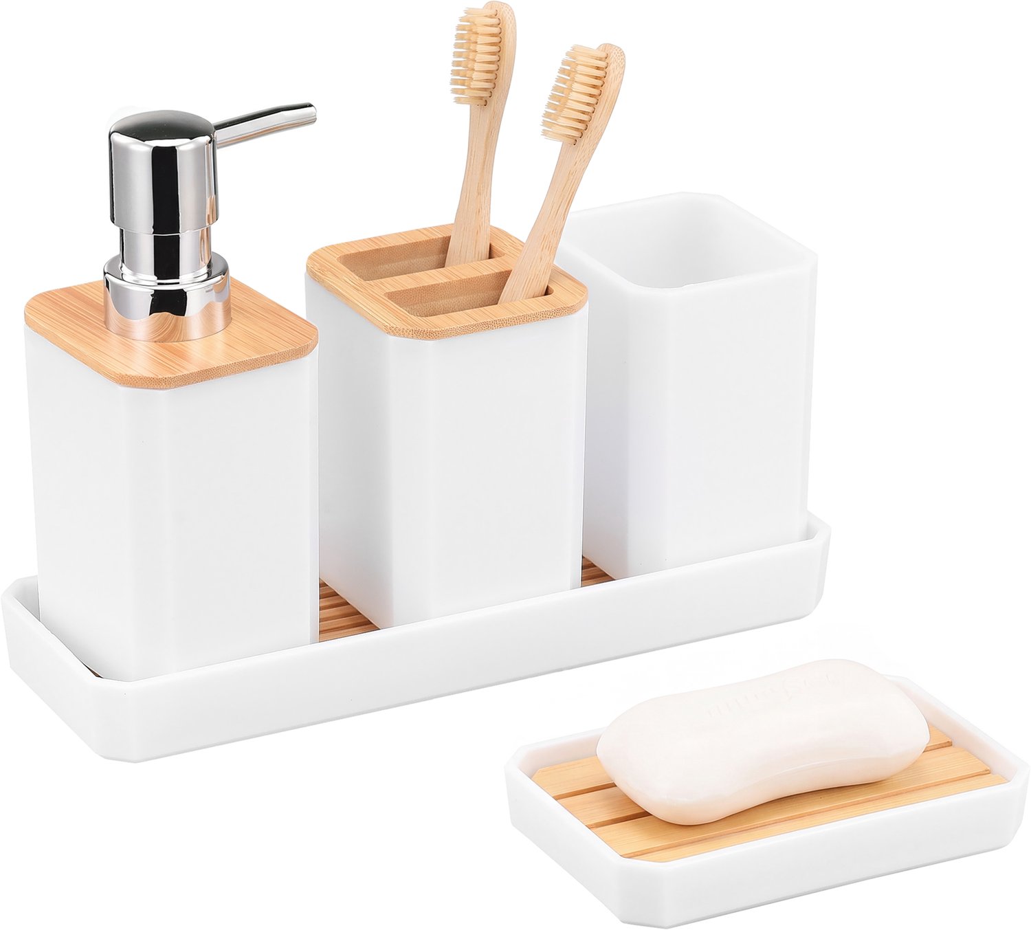 Yelenaro 5-Delige Badkameraccessoires Set, Modern Badkamer Organizer, Inclusief Zeepdispenser, Tandenborstelhouder, Tandenborstelbeker, Zeepschaal & Opbergtablett, voor Badkamer, Keuken en Slaapkamer, Wit