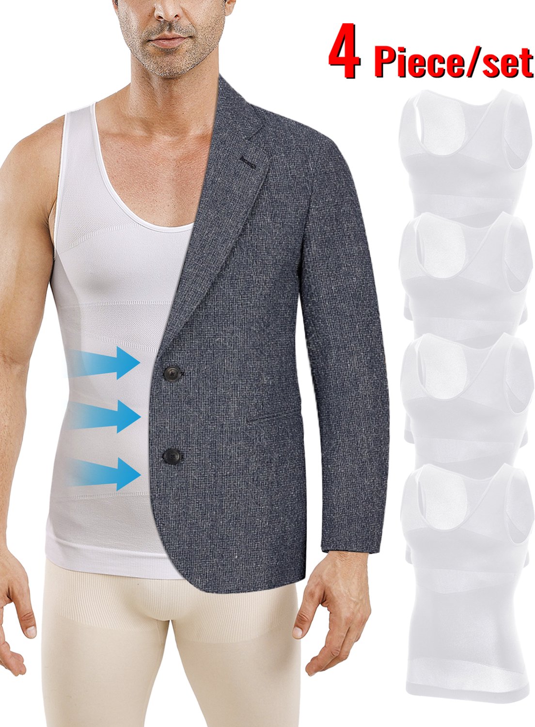 MEETYOO 4 Stuks Corrigerend Hemd Sportvest Mouwloos Shapewear Hemd Buikcontrole Ademend Gym Onderhemd Wit XL