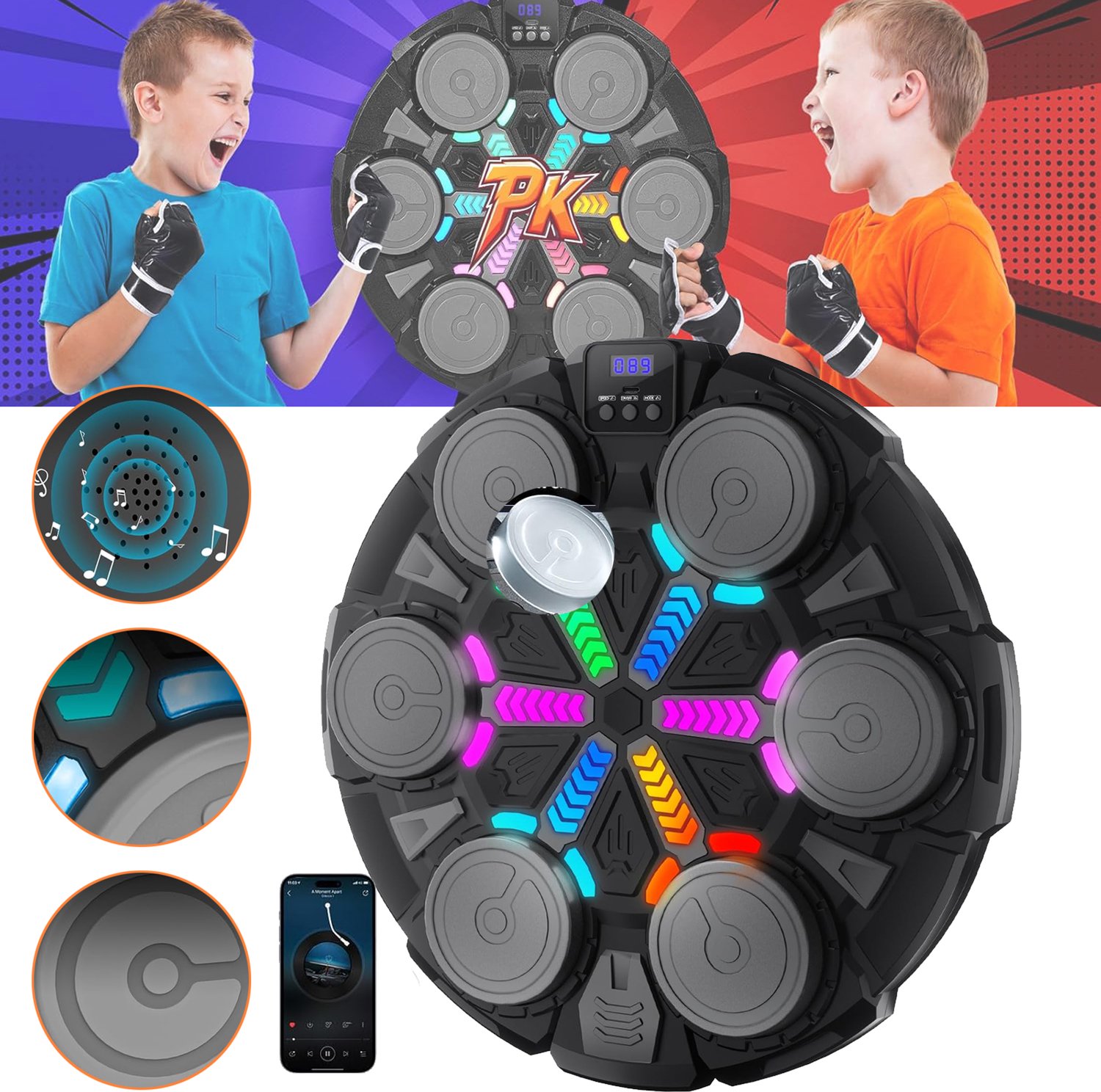 Muziek-Boksmachine - Interactief Boksspeelgoed - Bluetooth-Bokstrainer Voor Aan De Muur - Met Handschoenen & Ledverlichting