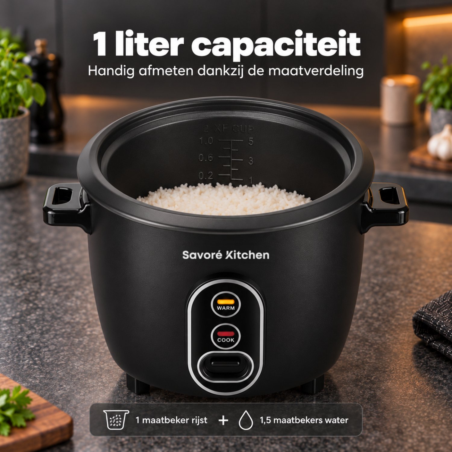 Savoré Kitchen Rijstkoker 1 Liter PFAS-vrij - Rice Cooker Klein voor 5 Porties - Warmhoudfunctie - Zwart thumbnail 4