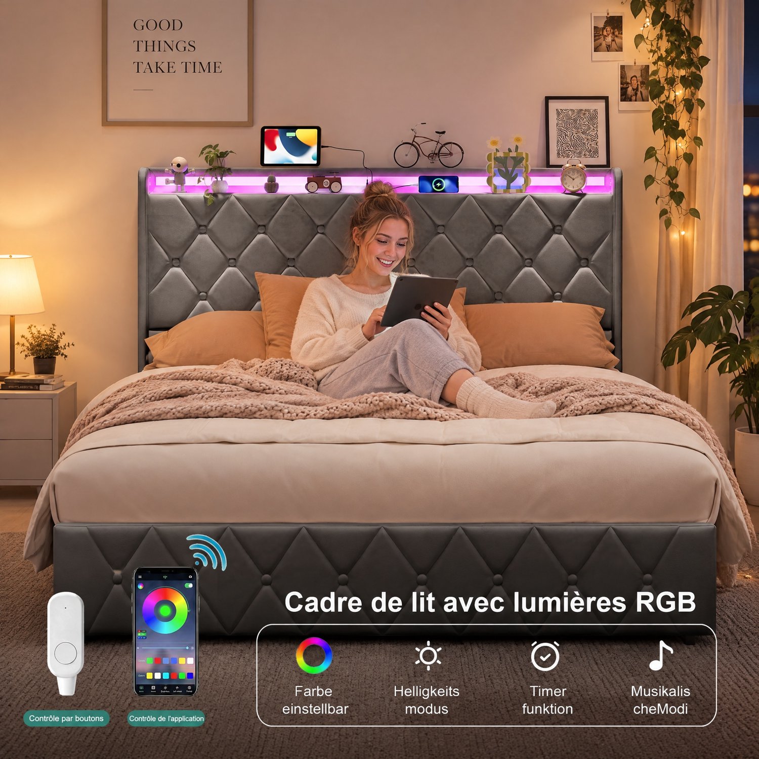 MEXUS Opbergbed 140x200 cm met lattenbodem, led- en usb-aansluiting, Tweepersoonsbed gestoffeerd met hydraulische opbergruimte, gecapitonneerd 2-zitsbedframe met hoofdbord en open planken (Flanel Grijs)