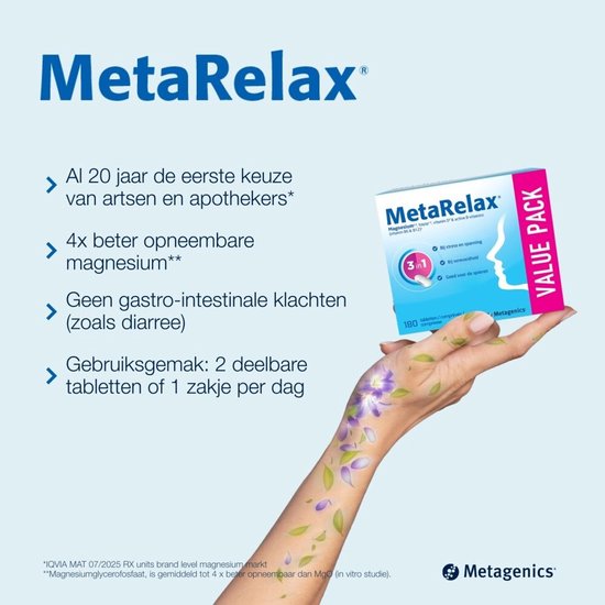 MetaRelax verpakking met een hand op de voorgrond, versierd met paarse bloemen.