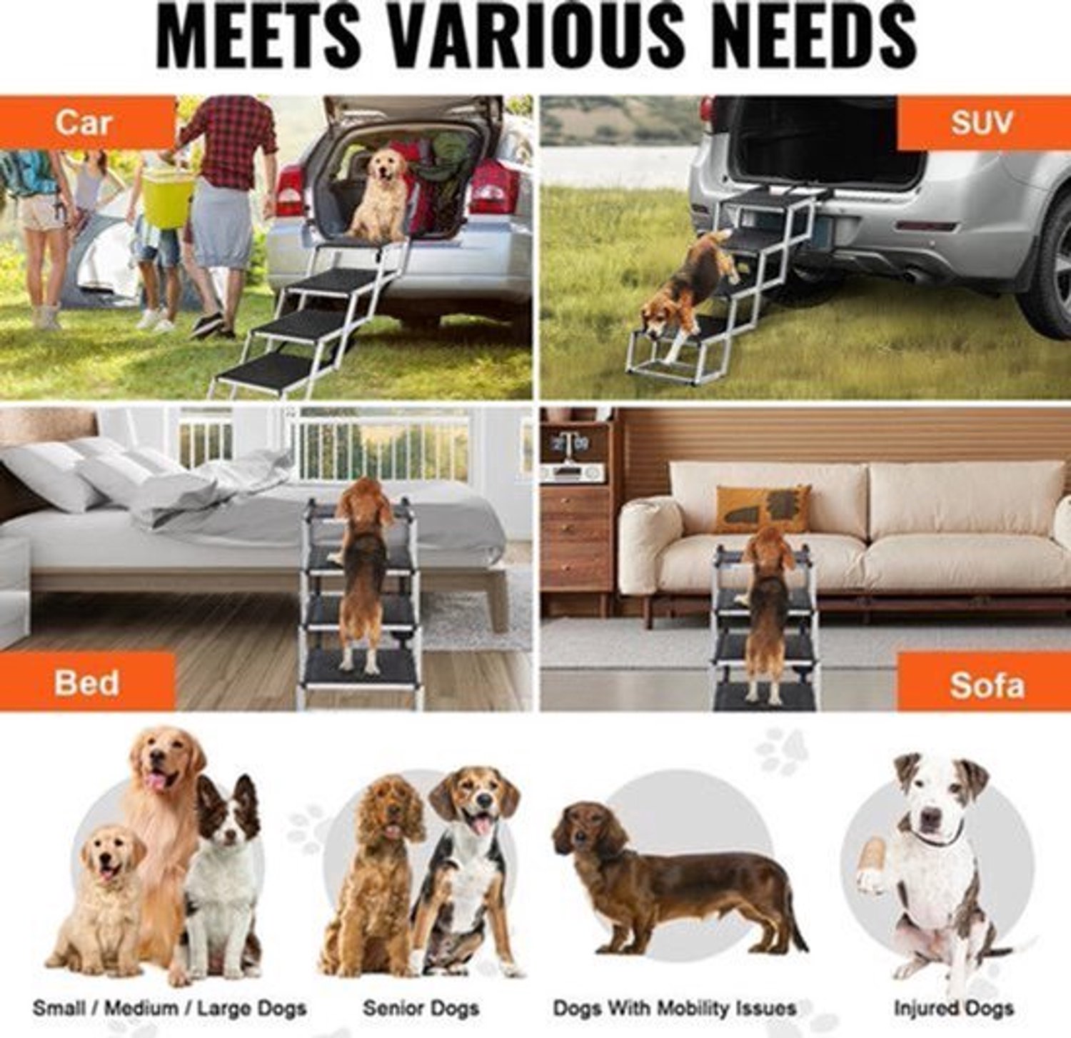 Opvouwbare Hondentrap – 4-Traps - Autotrap voor Honden – Lichtgewicht en Verstelbaar – Geschikt voor Auto - SUV - Truck - Anti-slip Treden - 17in 31in