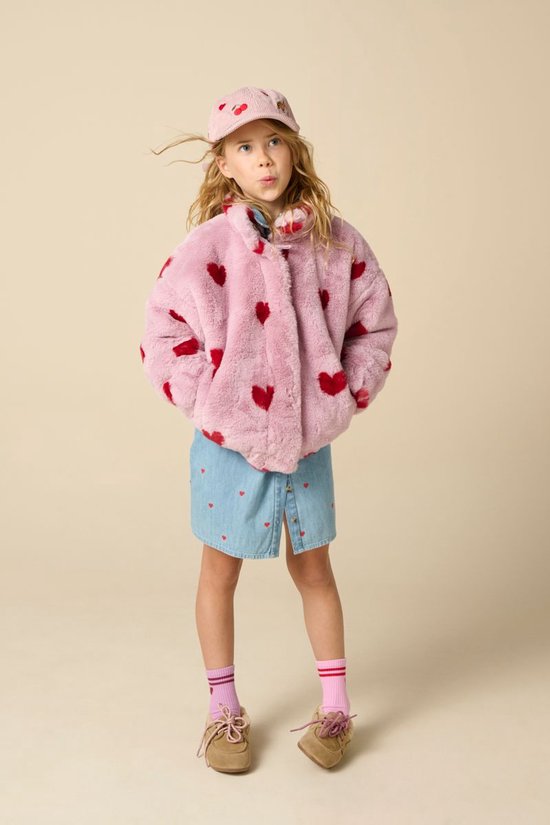 Lichtpaarse Faux Fur Jas Met Hartjes Print