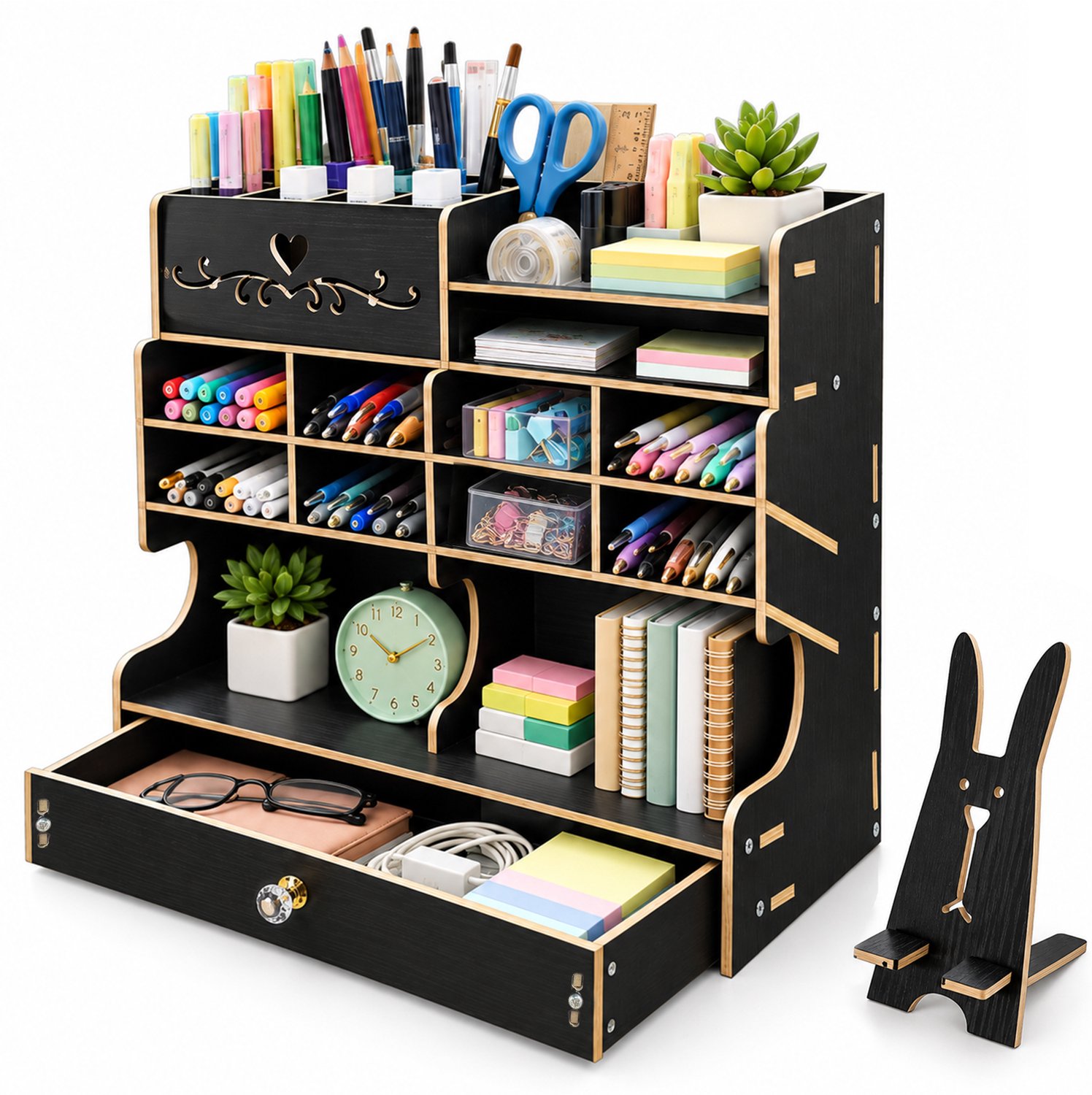 Bureau Accessoires Organizer met 18 Vakken en Lade - Pennenhouder voor Bureau van PVC - Bureau Organizer voor Kantoor, Studie en Studenten - Zwart