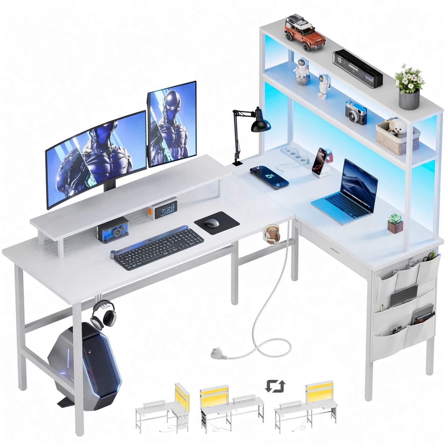 Atlasyx bureau - Tafel - Gaming bureau - Bureautafel - Bureau met opbergruimte - L vormig bureau - LED-verlichting - 170x74cm- Wit