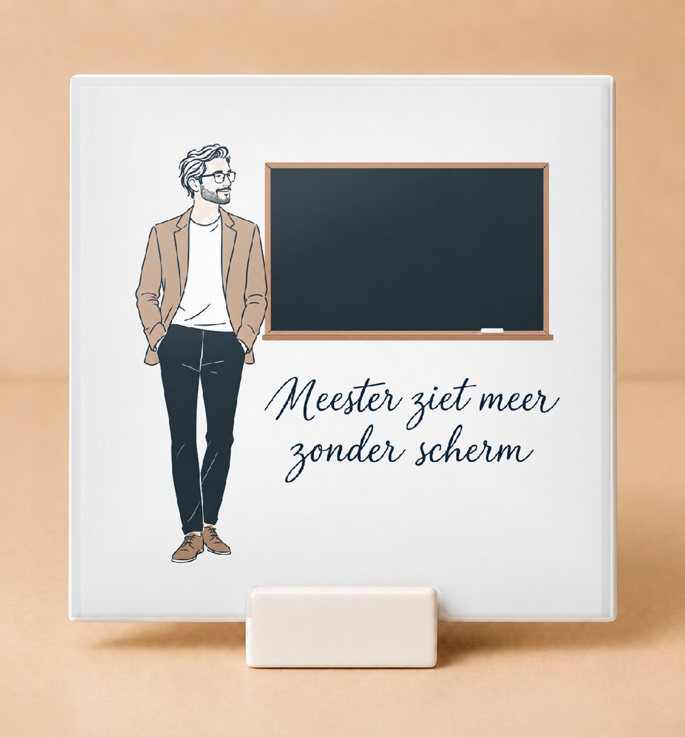 Bedruk King Minimalistische Meester van de telefoonvrije klas Tegel – Strakke one-line art voor leraren en scholen - 11 x 11 cm met houder Wit
