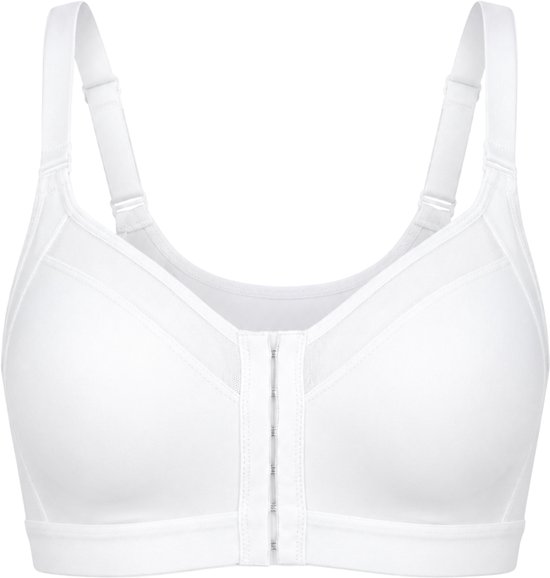 Witte beha met voorsluiting, brede schouderbanden en mesh-details bij de halslijn.