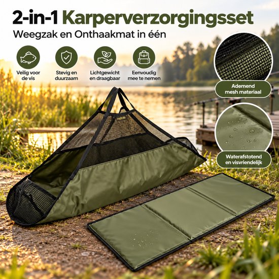 2-in-1 karperverzorgingsset: olijfgroene weegzak en opvouwbare onthaakmat.