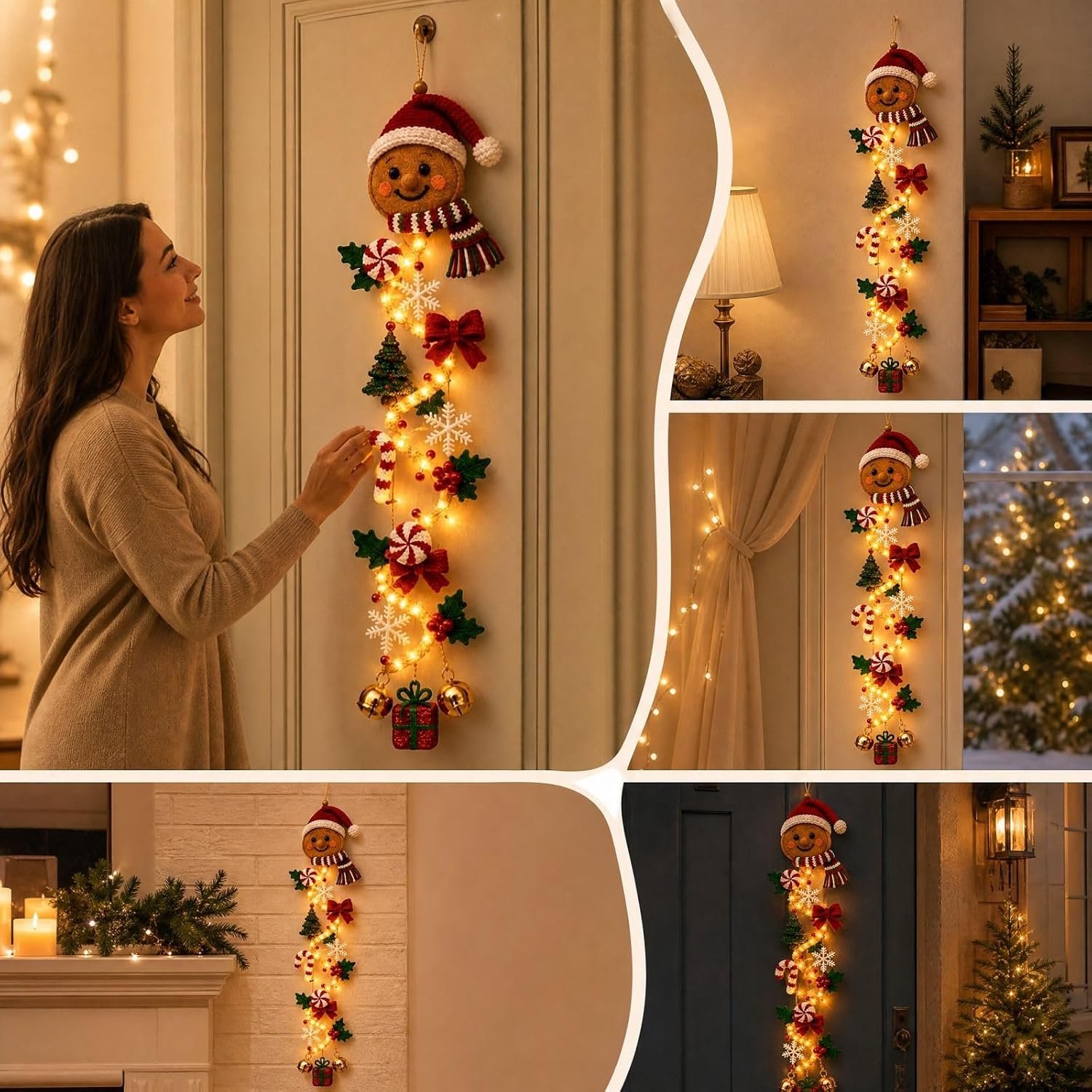 Verlichte Kerstdeurhanger - Gingerbread Man Peperkoekmannetje - Kerstdecoratie voor Deur, Muur & Raam - Verticale Kerstversiering - Rustieke Stoffen Decoratie - Feestelijke Kerstdecoratie voor Binnen – foto 4