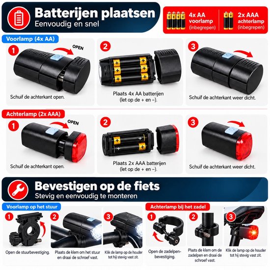 Fietsverlichting Set - Voorlicht & Achterlicht - 3 Lichtsterktes - Bereik tot 100 Meter - Inclusief 6 Baterijen — afbeelding 2