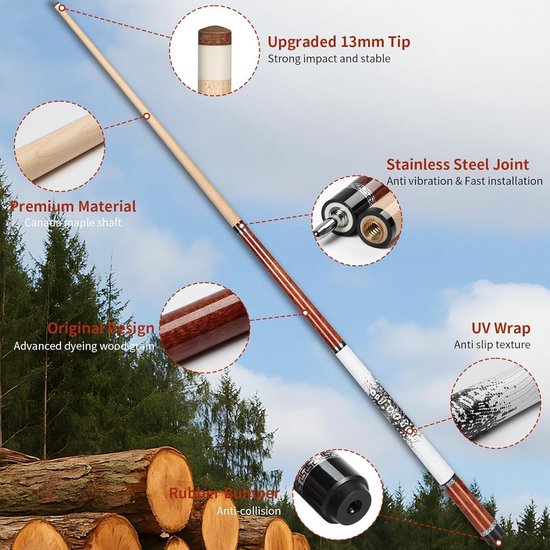 Poolkeu 58 Inch – Professionele Biljartkeu 20 oz van Canadees Esdoornhout – Met Telescopisch Verlengstuk & Keuhoes – 2-Delig — afbeelding 2
