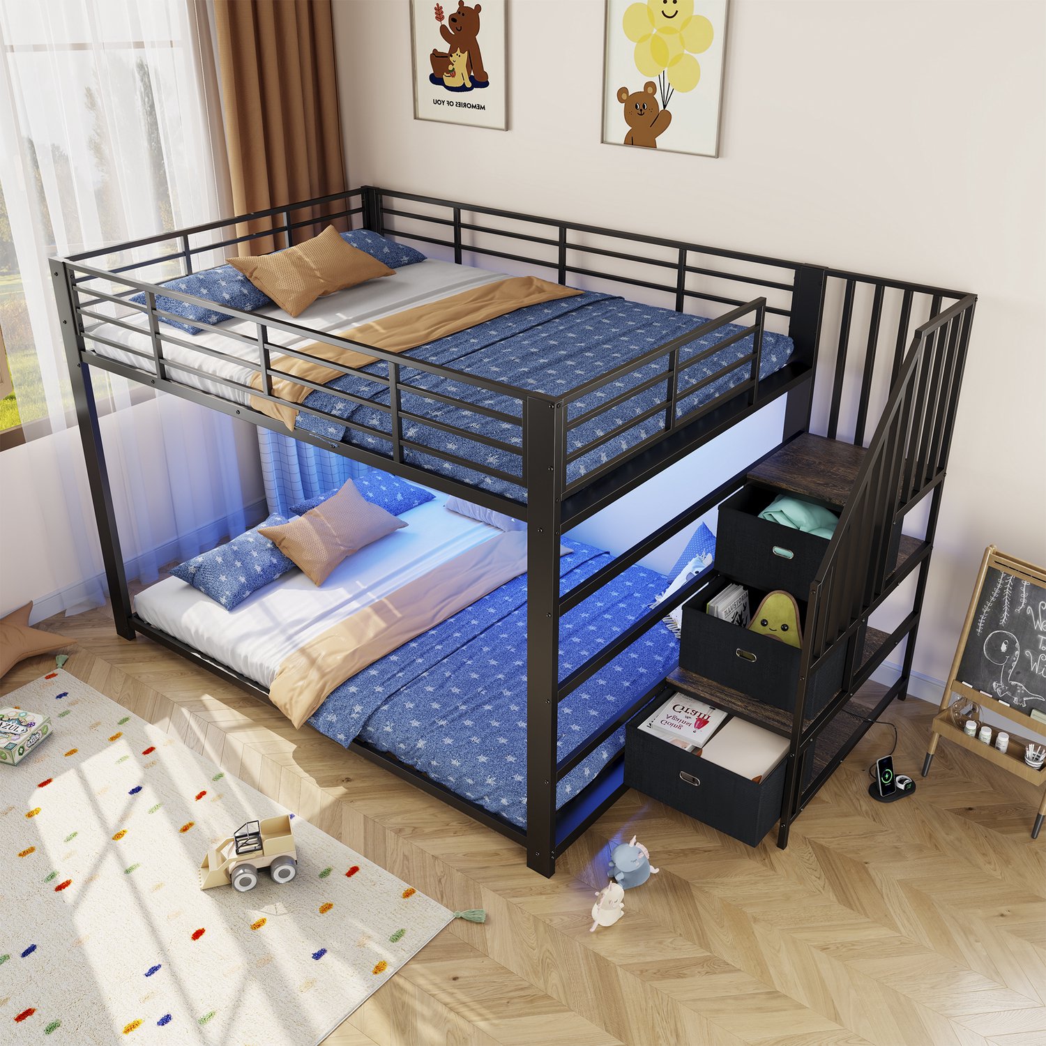 Clruro Stapelbed - 140×200 cm - met Opbergtrap - LED en Stopcontact - Metaal - Zwart