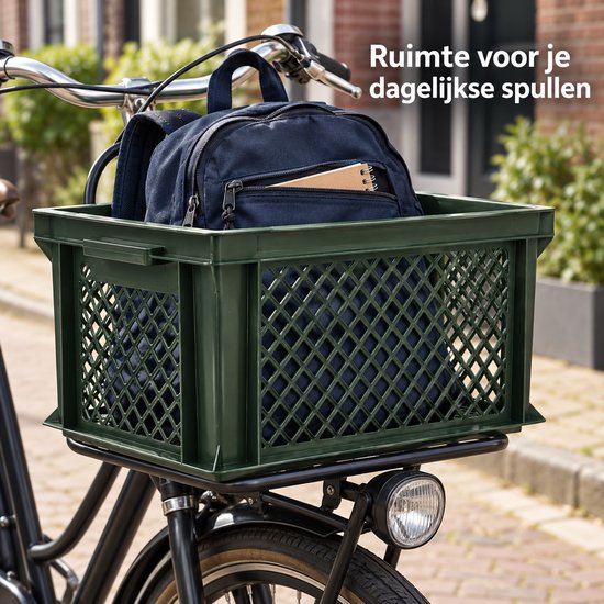 Dutch Standard Fietskrat – 26 Liter – 40 x 30 x 22 cm – Kunststof – Voor Voordrager – Legergroen — afbeelding 4