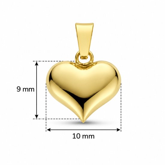 Gouden hartvormige hanger van 14 karaat, 9 mm hoog en 10 mm breed, tegen een witte achtergrond.