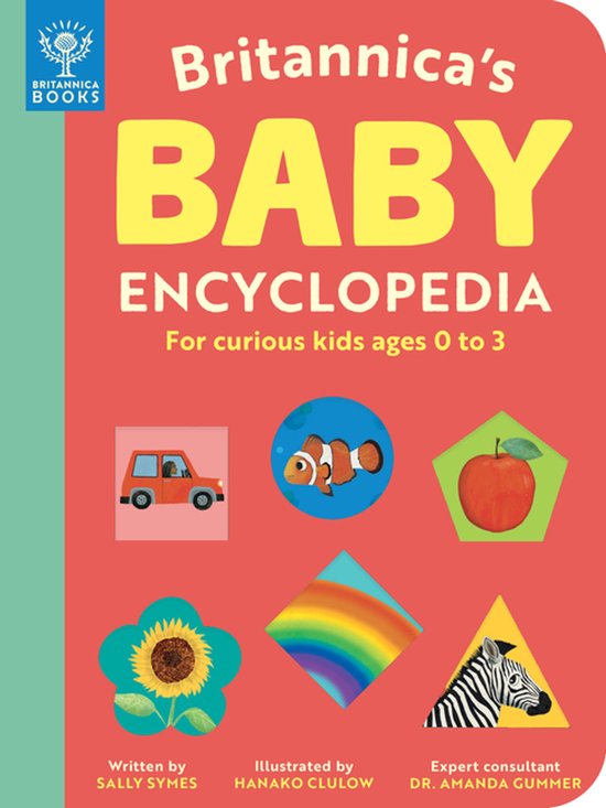 Britannica's Baby Encyclopedia met vrolijke illustraties van een auto, vis, appel, zonnebloem, regenboog en zebra.
