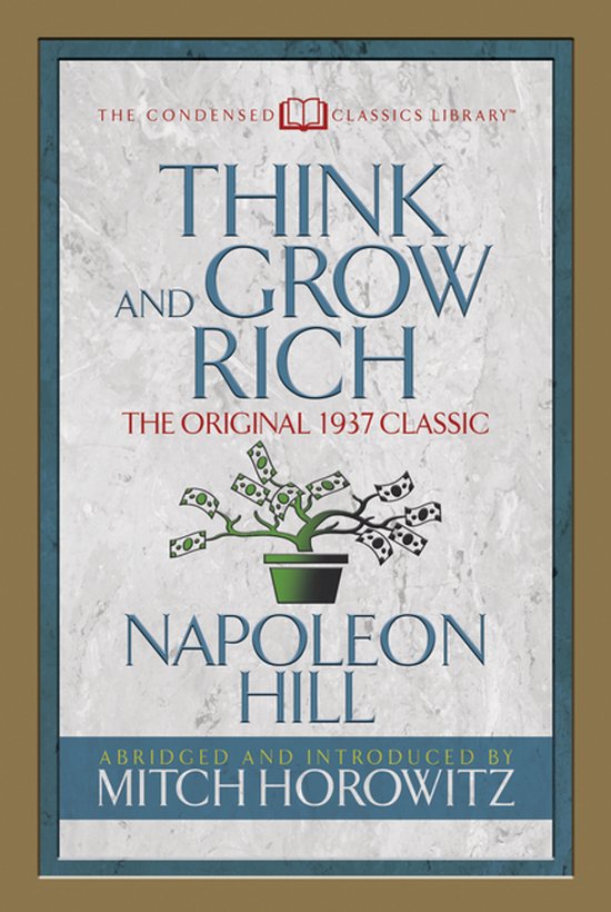 Boekomslag van Think and Grow Rich door Napoleon Hill met een illustratie van een geldboom op een marmeren achtergrond.