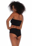 Model met afro-haar draagt een zwarte, naadloze bandeau-bh en zwarte slip, op de rug gezien.