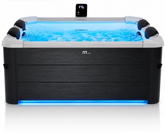 Grijze MSpa Oslo met blauwe LED-verlichting en digitaal display op een witte achtergrond.