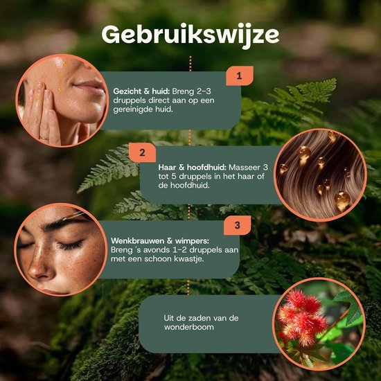 Gebruikswijze van GOYU Castor olie voor gezicht, haar, wimpers en wenkbrauwen in stappen.