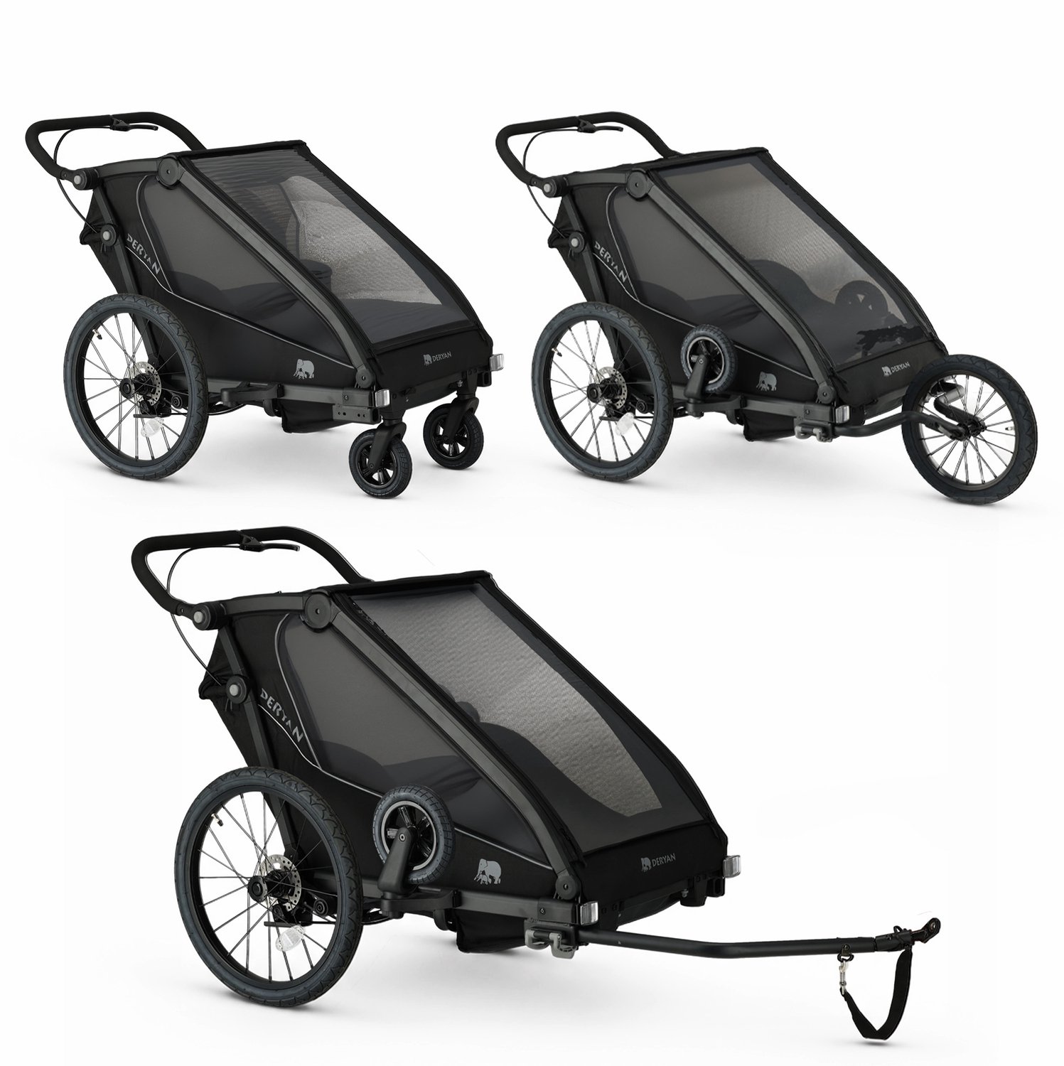 Deryan Fietskar V3 - Kinderfietskar 2 Persoons - Wandelwagen - Zwart