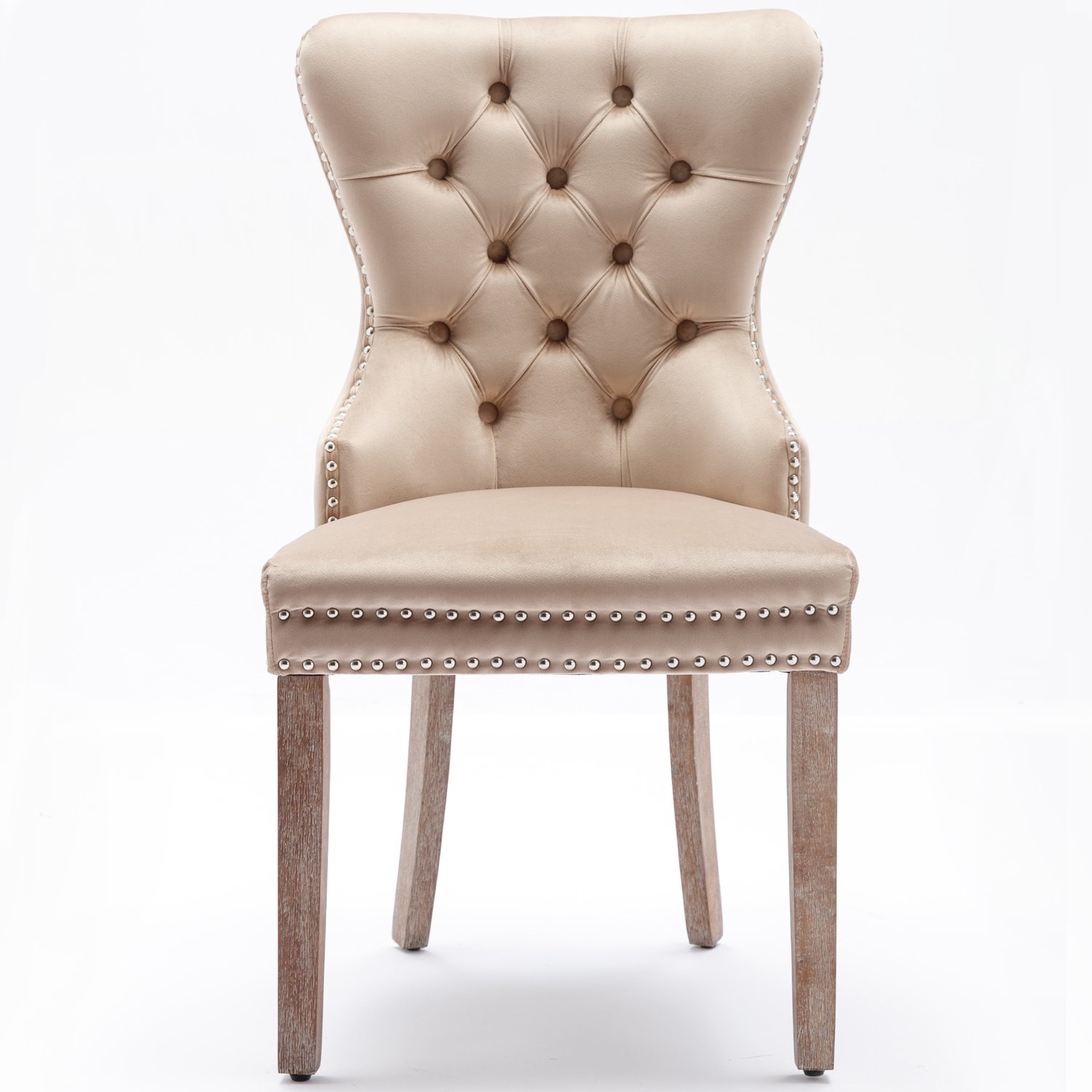 SONNENH Eetkamerstoelen set van 4 - Beige velvet met knopen, siernagels en rugring - Massief houten poten Beige met naturel houtkleur