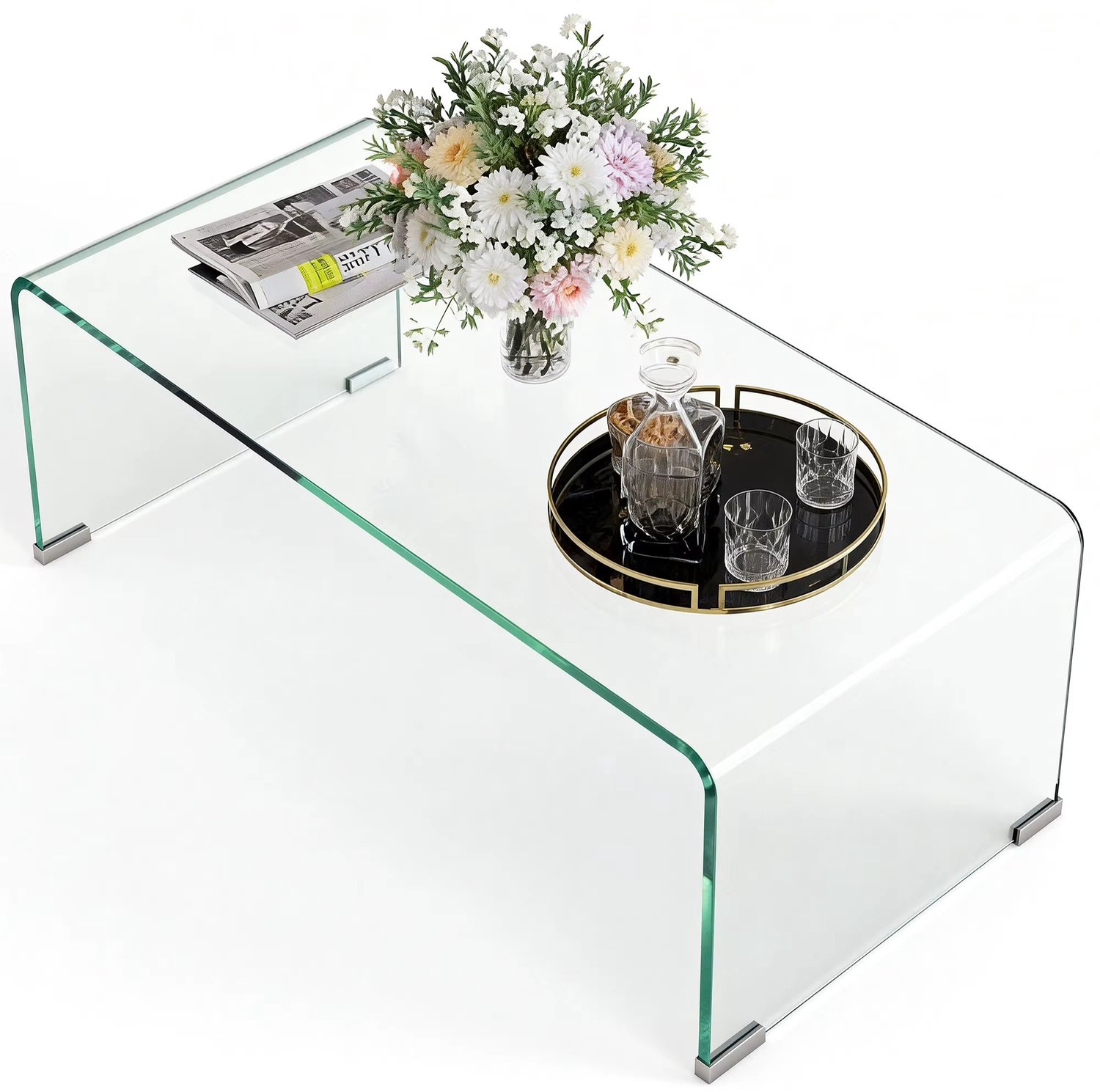CreateEcom Salontafel glas - Bijzettafel - Woonkamer tafel - Koffietafel - Moderne design woonkamer glazen salontafel - rechthoekig - met gehard glazen blad en ronde veiligheidsrand - 80x45x35 cm