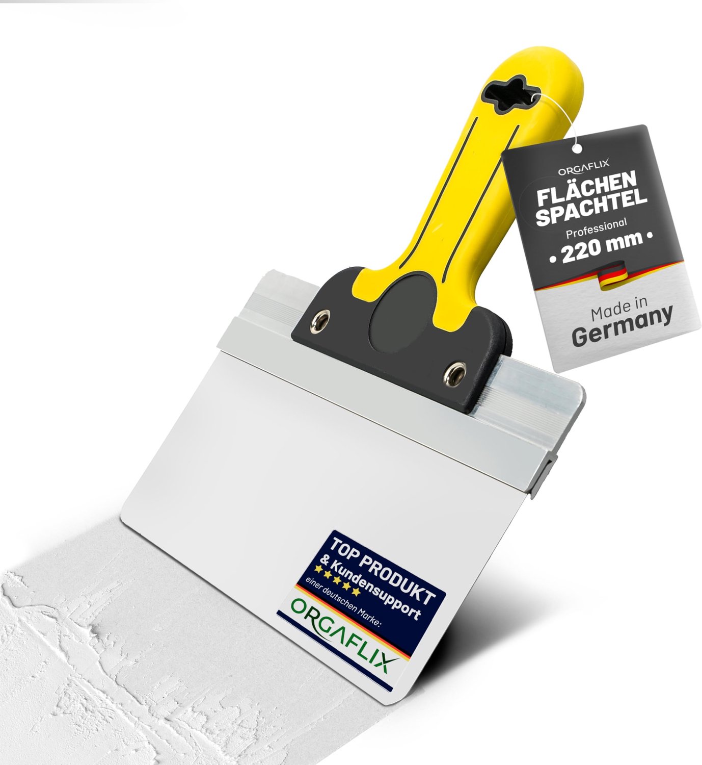 Vlakspatel 220 mm - Roestvrijstalen lemmet - 2K softgrip - Ideaal voor wandplamuur - m-winkel