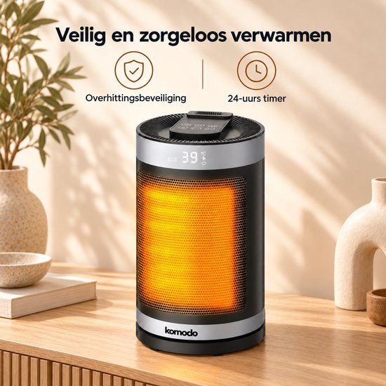 Veilige keramische kachel met oververhittingsbeveiliging en 24-uurs timer.