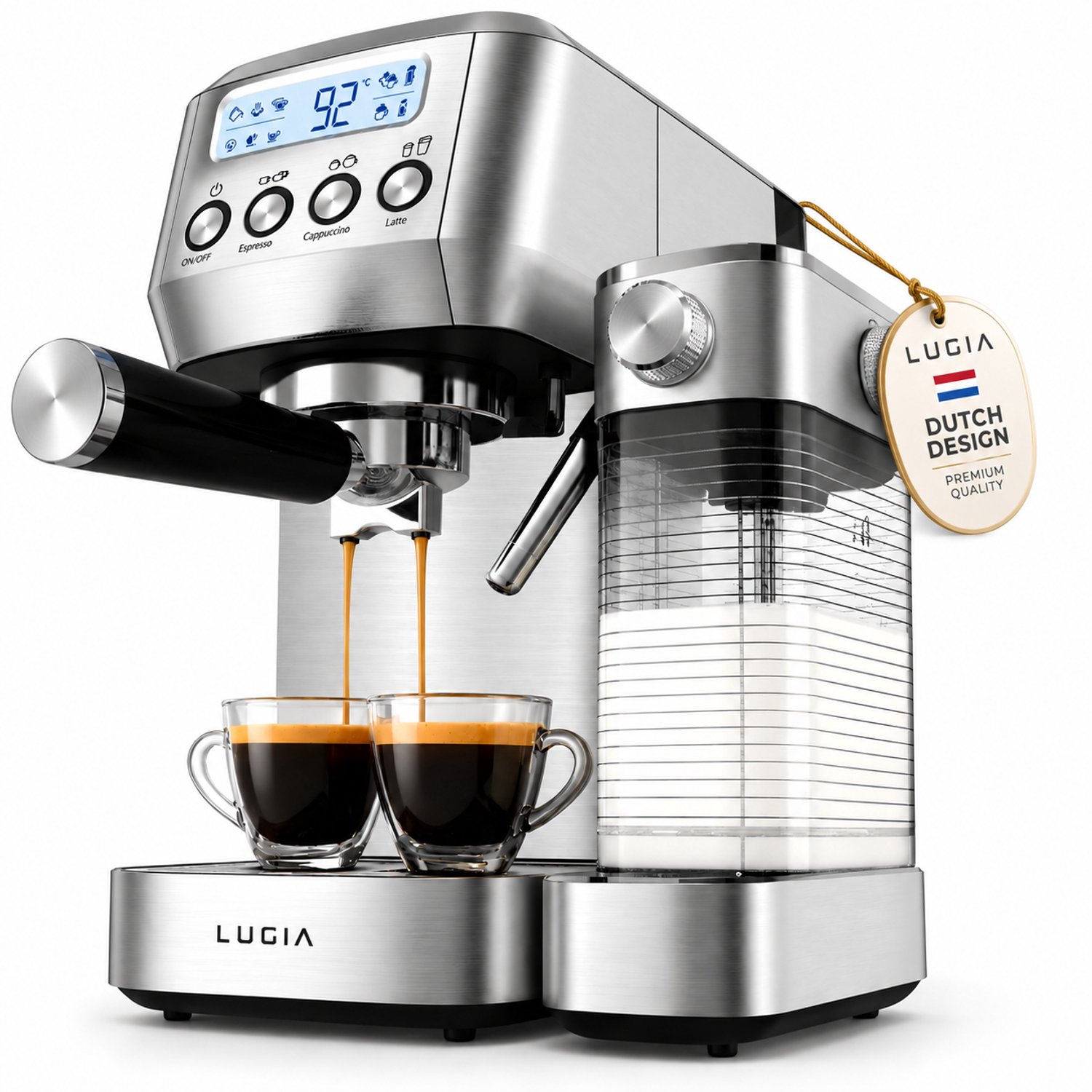 Lugia Pistonmachine 20 Bar - Koffiemachine met Automatische Melkopschuimer - Espressomachine - Led display - 20 bar - Ccappuccino, latte en macchiato - RVS Lugia