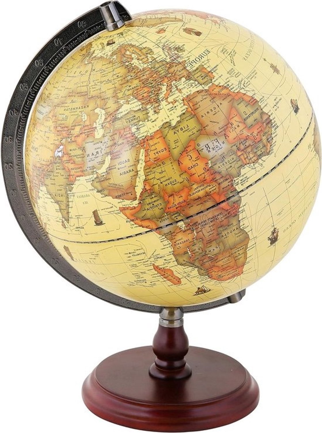 Antieke globe met houten voet - Roterende wereldbol - 25cm