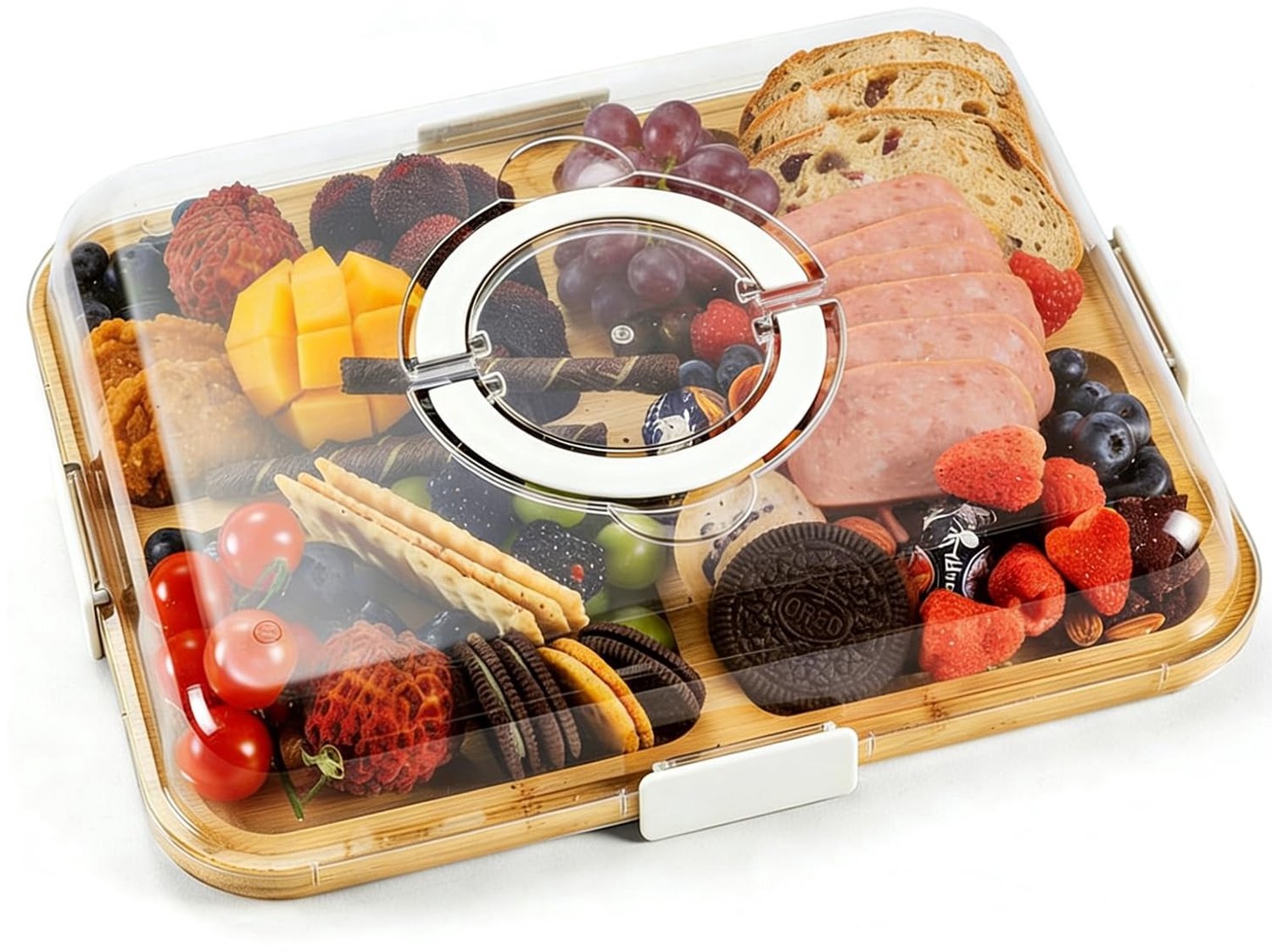 Famanu – Bamboe charcuterie plank met 6 compartimenten en deksel, draagbaar en veilig