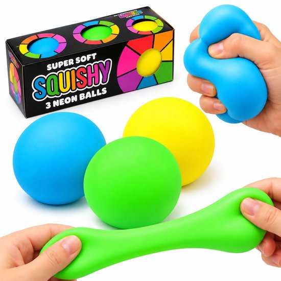 Drie neon squishy-ballen in blauw, geel en groen met verpakking; handen knijpen in de ballen.