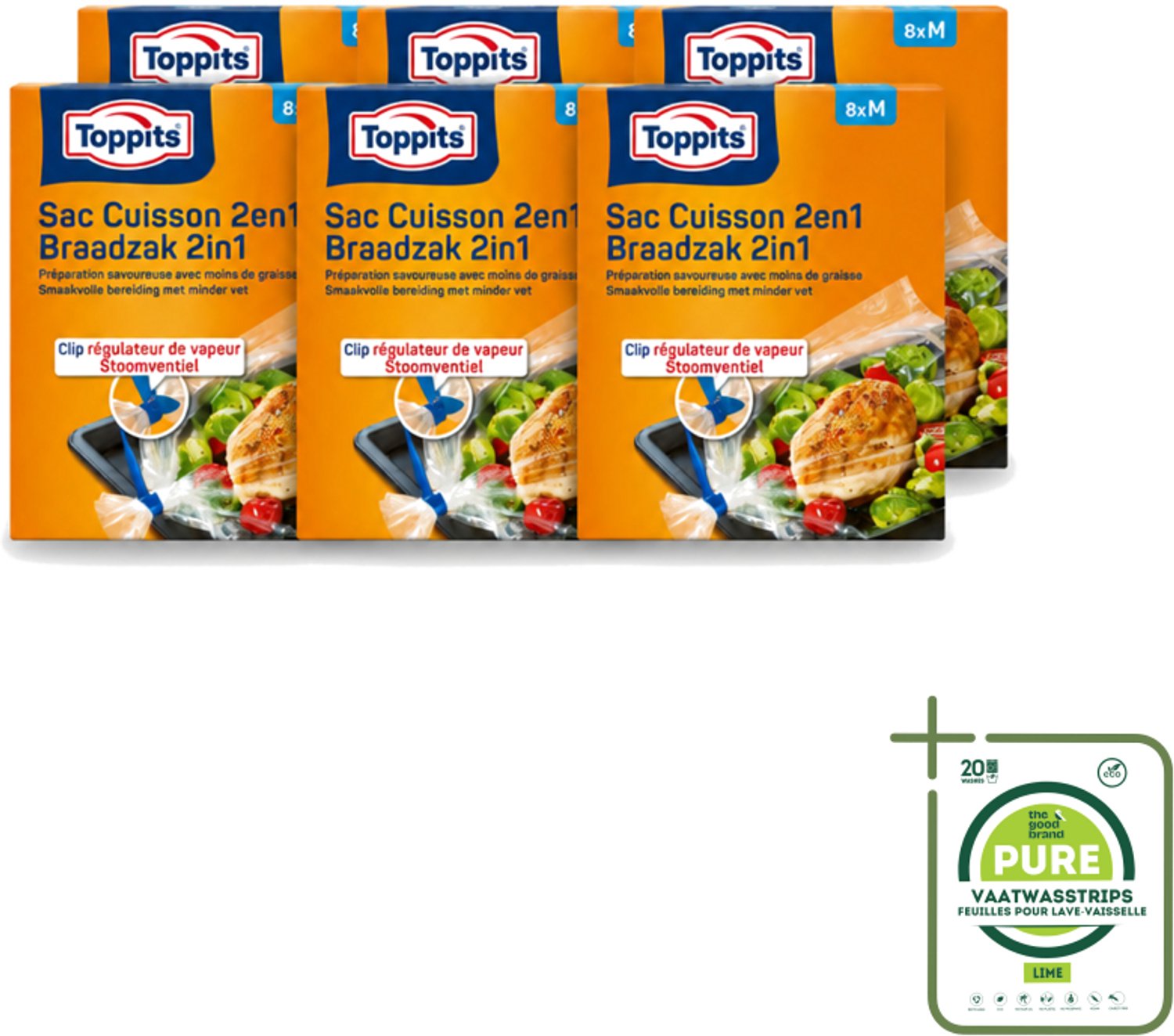 6 x Toppits – 2-in-1 Braad- & Stoomzakken – Maat M – 8 Zakjes - Grootverpakking - Vaatwasstrips - Braadzakken Oven - Braadzakken Magnetron - Gezond Koken - Smaakvol Koken - Vetvrij Bakken