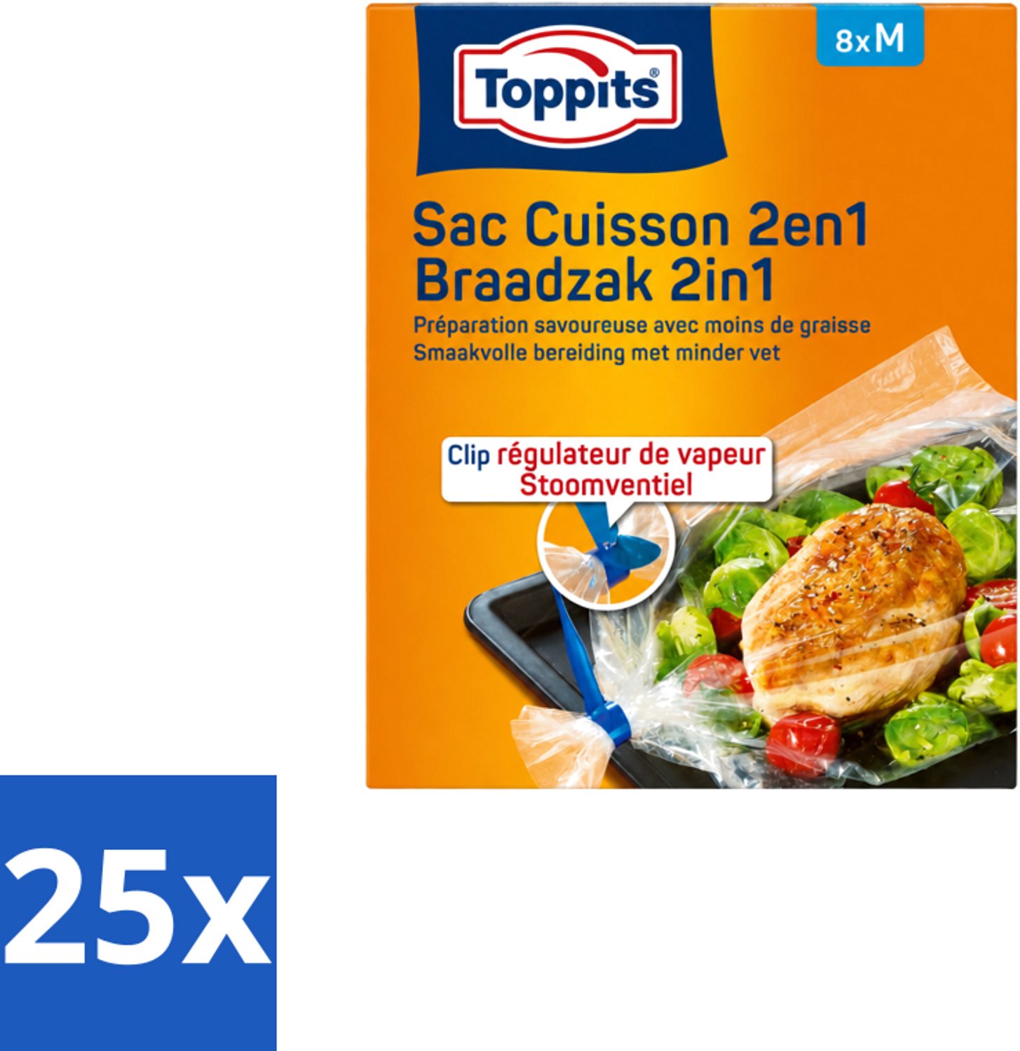 25 x Toppits – 2-in-1 Braad- & Stoomzakken – Maat M – 8 Zakjes - Voordeelverpakking - 25 stuks