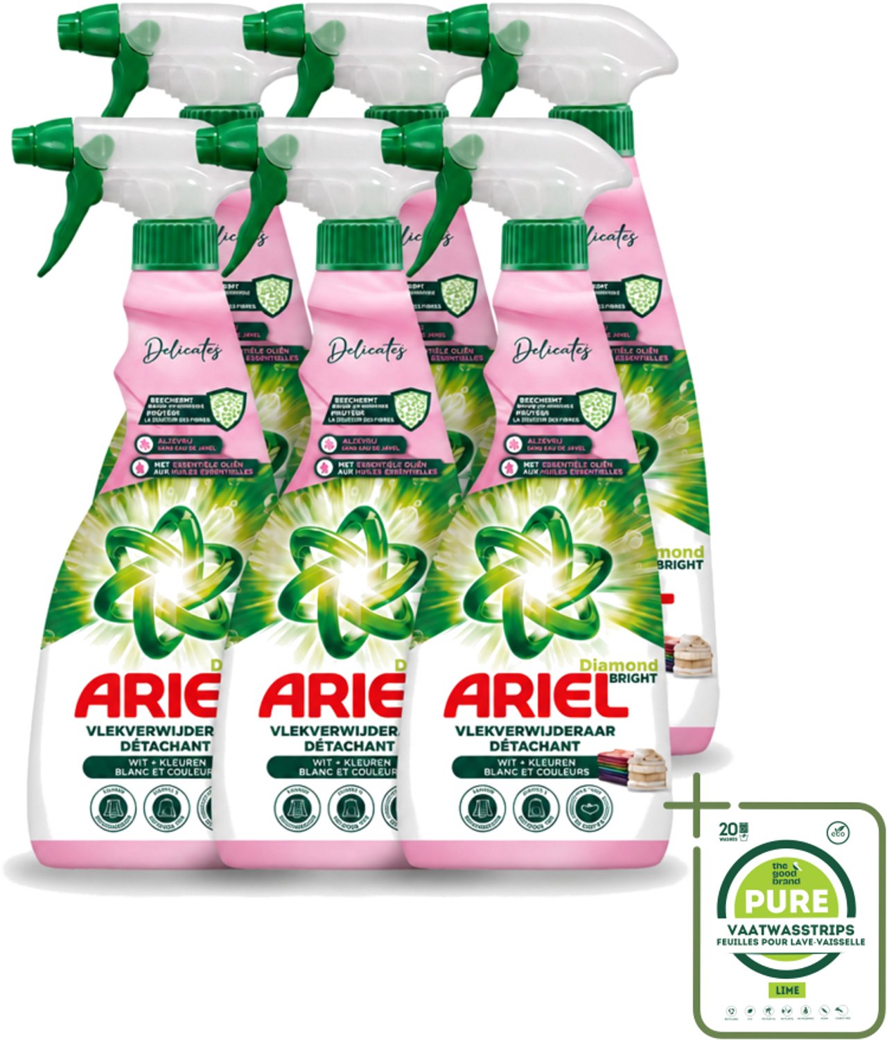 6 x Ariel - Vlekkenverwijderaar - Delicate & Wool Spray - 750 ml - Grootverpakking - Vaatwasstrips - Vlekken Verwijderen - Delicate Stoffen Reinigen - Babykleding Reinigen - Wol Reinigen - Zijde Reinigen