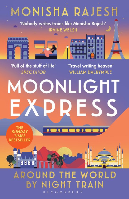Boekomslag van Moonlight Express met illustraties van wereldsteden, een nachttrein en een zonsondergang.